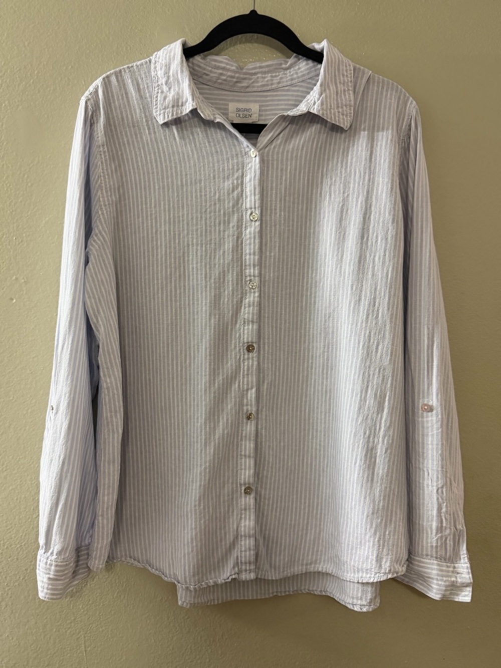 Sigrid Olsen Blue & White Striped Linen Blend Button-Down Shirt XL